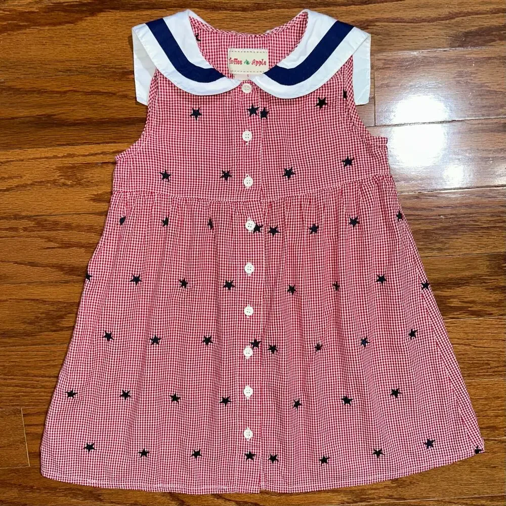 Vintage Toffee Apple Girls Red Gingham Patriotic Star Sailor Collar Dress Size 5